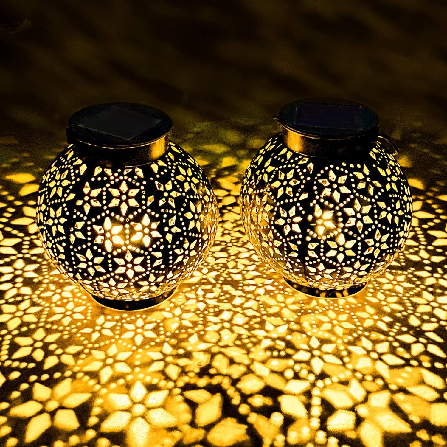2 Pack Outdoor Solar Lantern Lights, Waterproof Tabletop LED Moroccan Lanterns, Hanging Metal