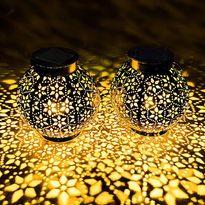 2 Pack Outdoor Solar Lantern Lights, Waterproof Tabletop LED Moroccan Lanterns, Hanging Metal