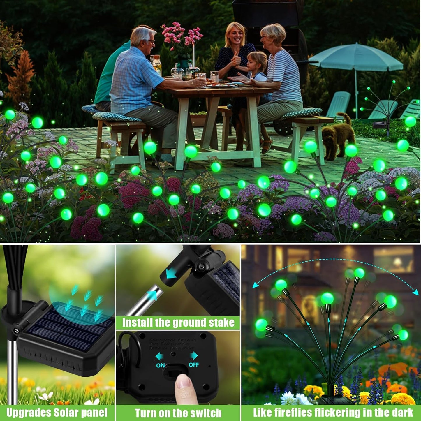 Solar Firefly Light, Christmas Lights for Outside Decorations, 4 Pack 24 LED Green Solar Garden