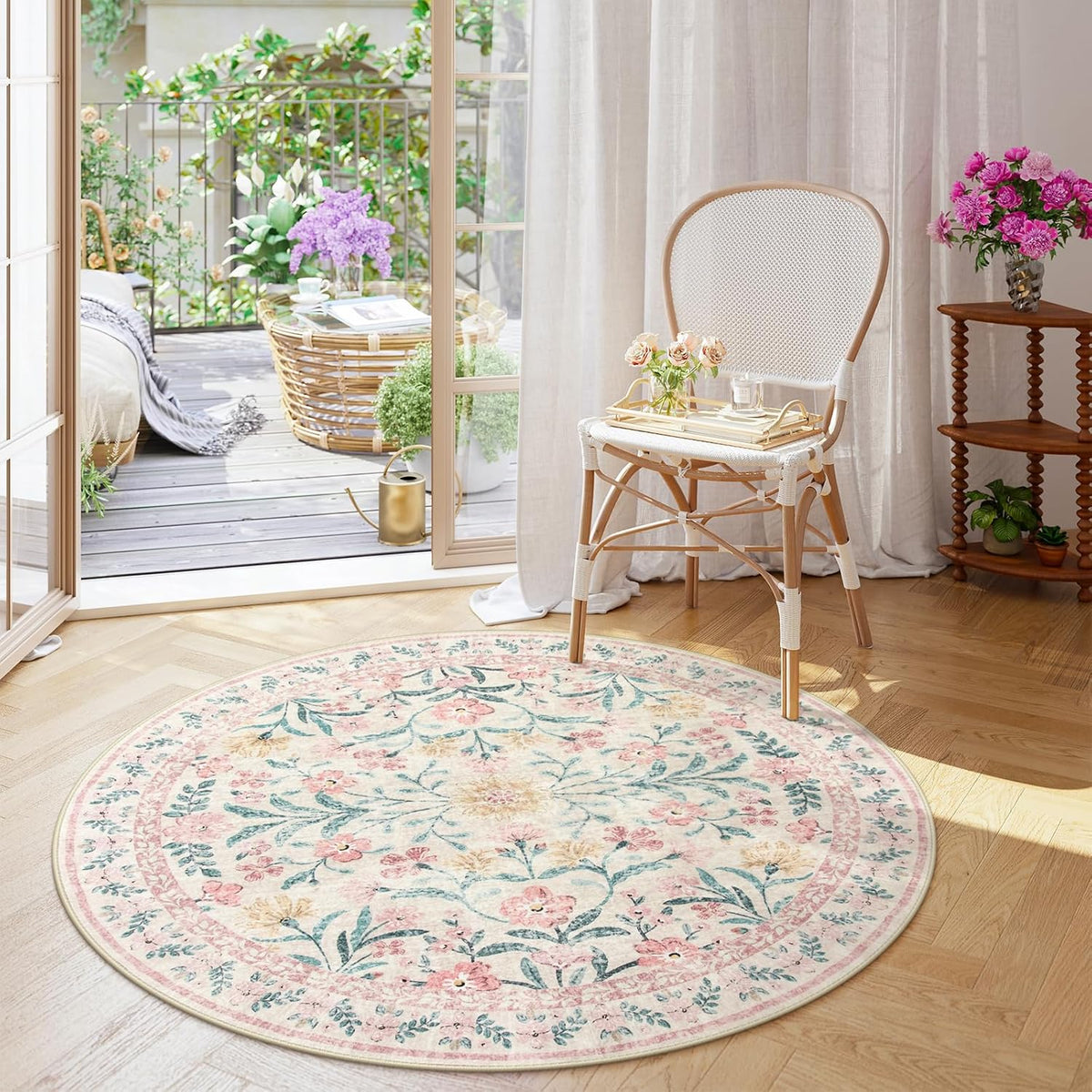 Wonnitar Washable Round Rugs 6ft, Pink Floral Circle Rug Large Round Carpet for Bedroom, Boho Soft