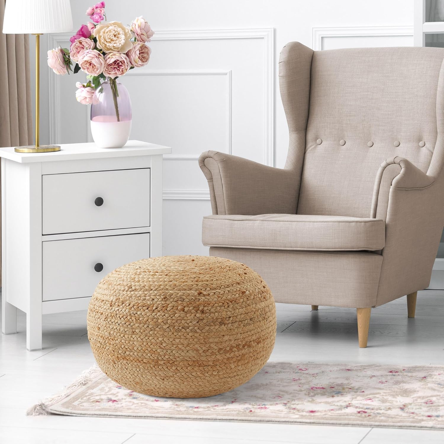 Casafield Hand-Braided Jute Pouf Ottoman Footrest, 19" Round x 10-1/2" High, Natural Woven Boho