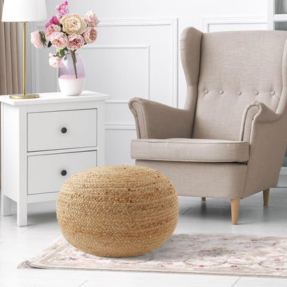 Casafield Hand-Braided Jute Pouf Ottoman Footrest, 19" Round x 10-1/2" High, Natural Woven Boho