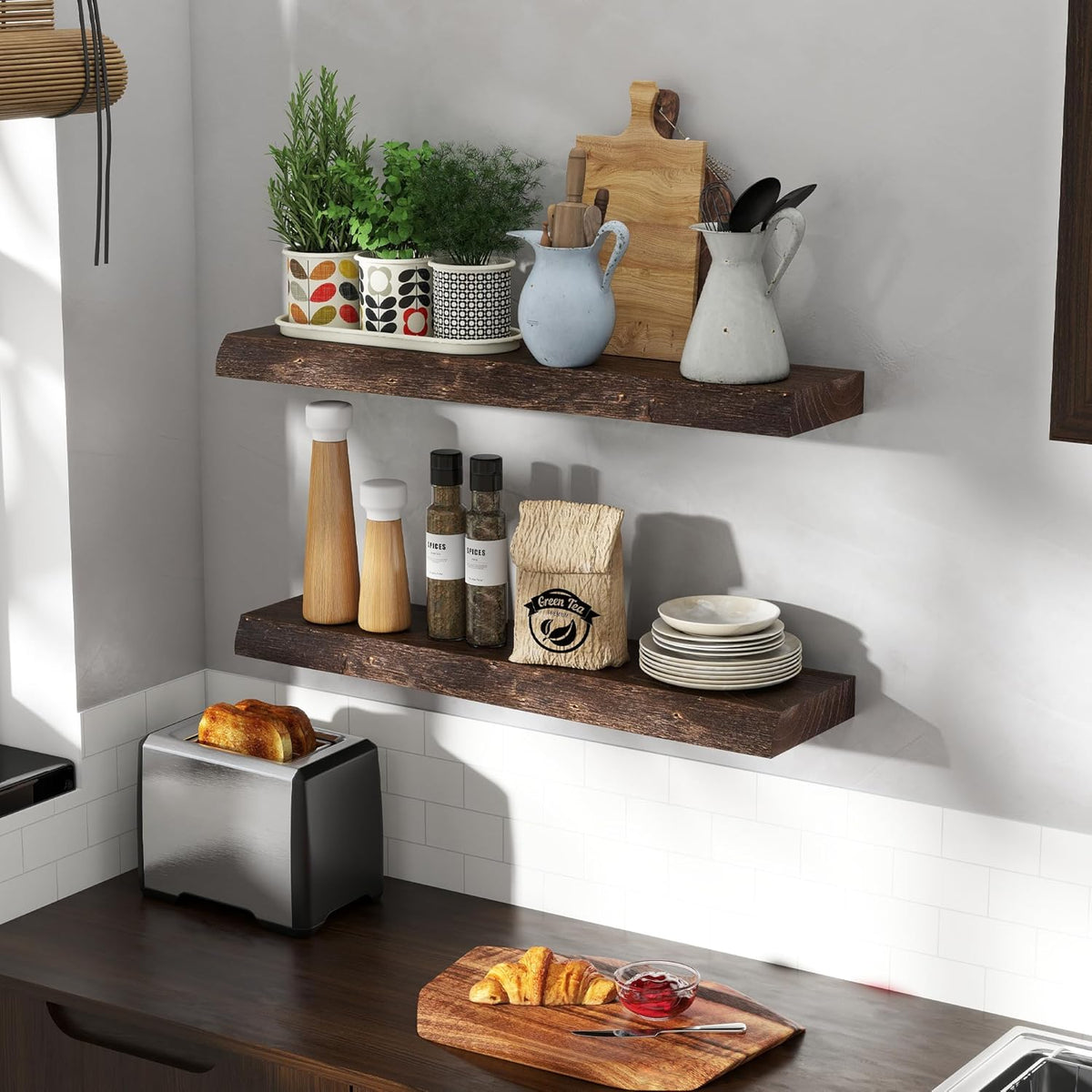 30" Floating Shelves, Live Edge Solid Elm Wood Floating Shelf, Wall Mounted Display Shelves with