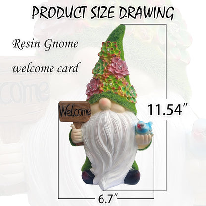 Solar Gnomes Garden Statues,Resin Gnome Figurine Holding Welcome Card and Bird with Solar Lights