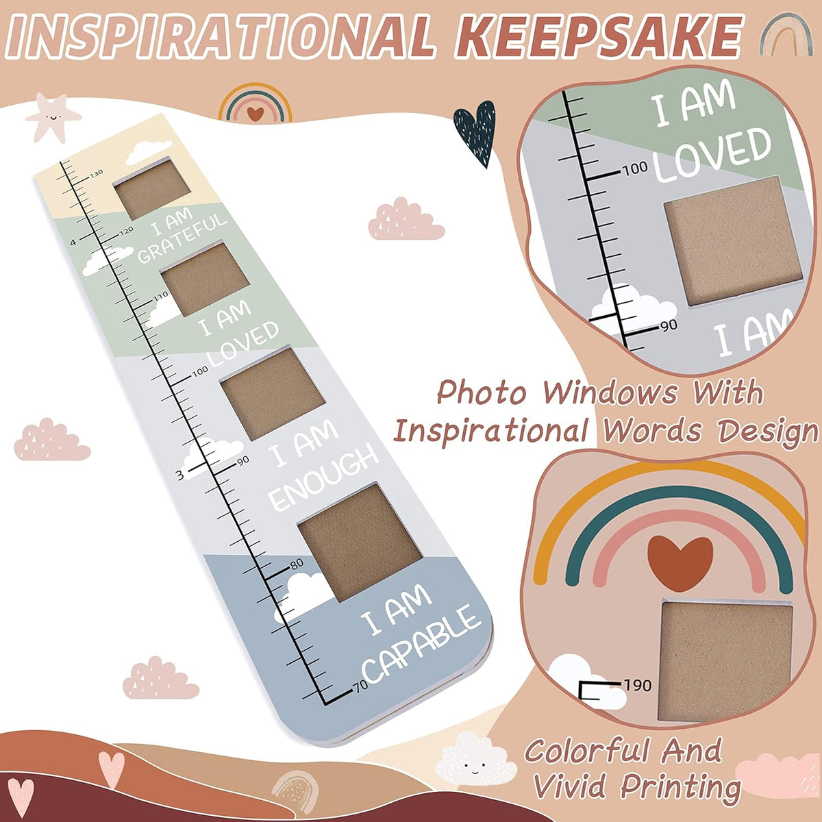 Solid Wood Inspirational Growth Chart for Kids with Photo Windows, Motivational Height Chart for
