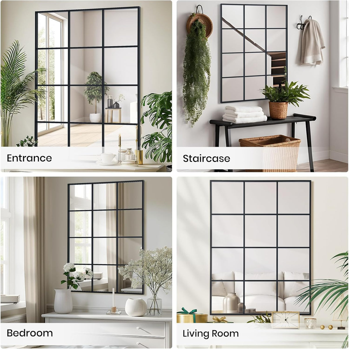 Windowpane Wall Mirror 30"x48" Black Wall Mounted Art Pane Mirror Farmhouse Decorative Mirror