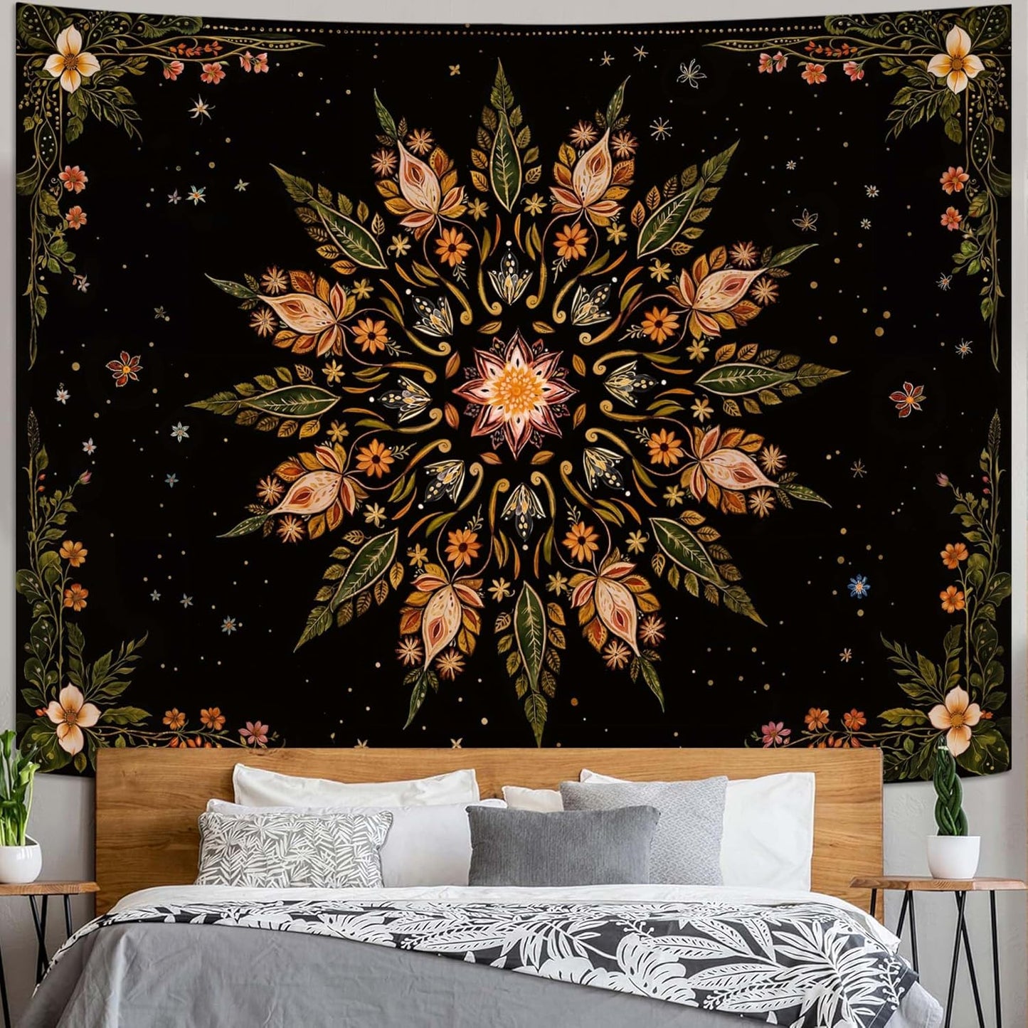 Fowocu Boho Floral Mandala Tapestry for Bedroom Aesthetic Vintage Bohemian Flower Wall Tapestry