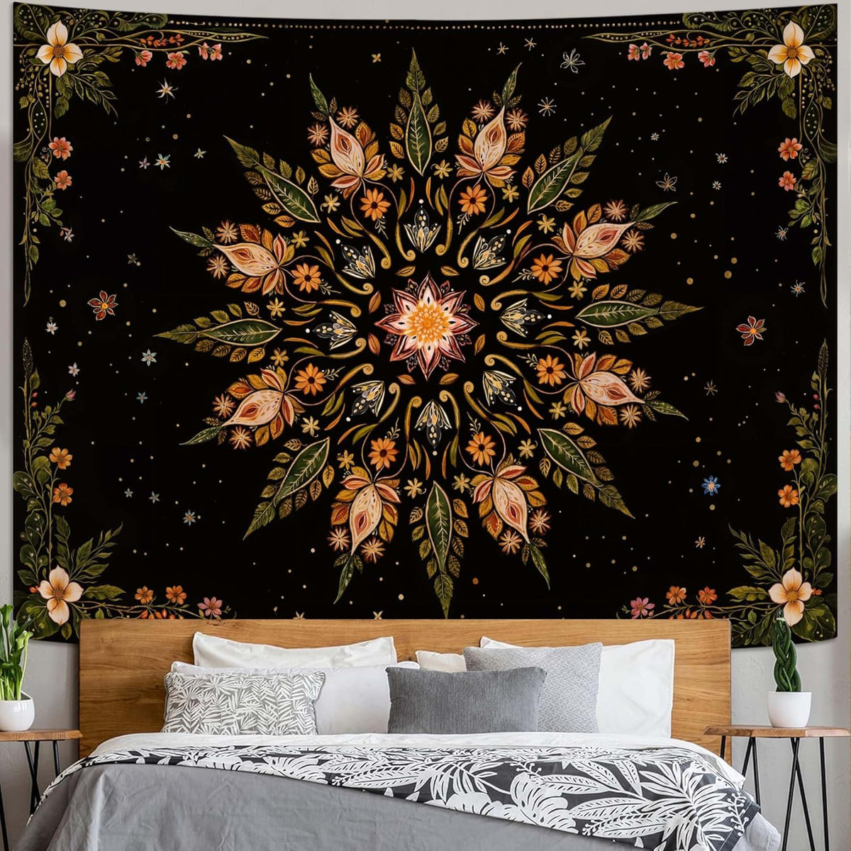 Fowocu Boho Floral Mandala Tapestry for Bedroom Aesthetic Vintage Bohemian Flower Wall Tapestry