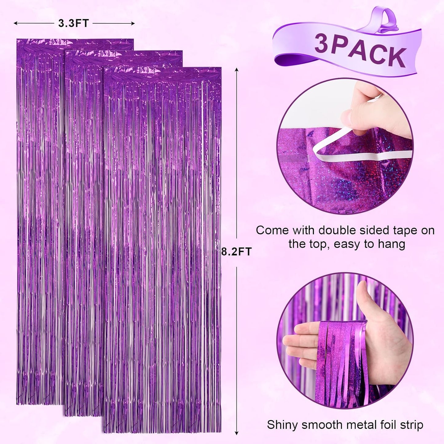3 Pack 3.3 x 8.2 ft Laser Purple Foil Fringe Backdrop Curtains, Tinsel Streamers Birthday Party