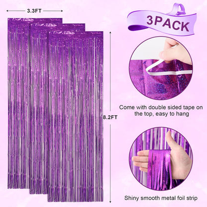 3 Pack 3.3 x 8.2 ft Laser Purple Foil Fringe Backdrop Curtains, Tinsel Streamers Birthday Party