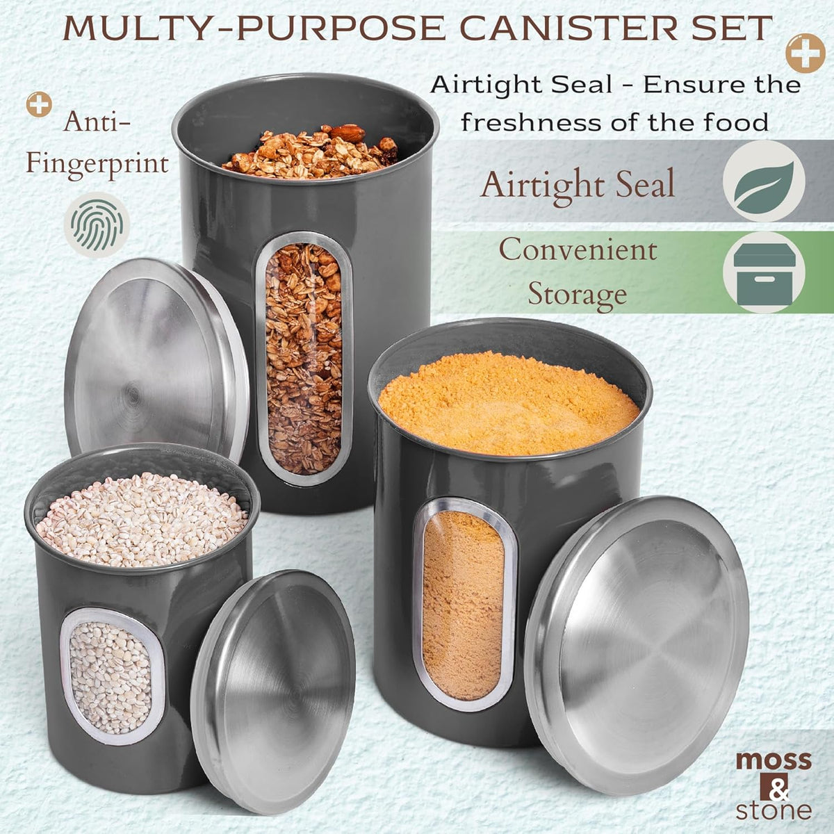 Moss & Stone 3-Piece Gray Canisters Sets For The Kitchen, Airtight Canister Set With See Through