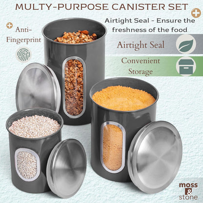 Moss & Stone 3-Piece Gray Canisters Sets For The Kitchen, Airtight Canister Set With See Through