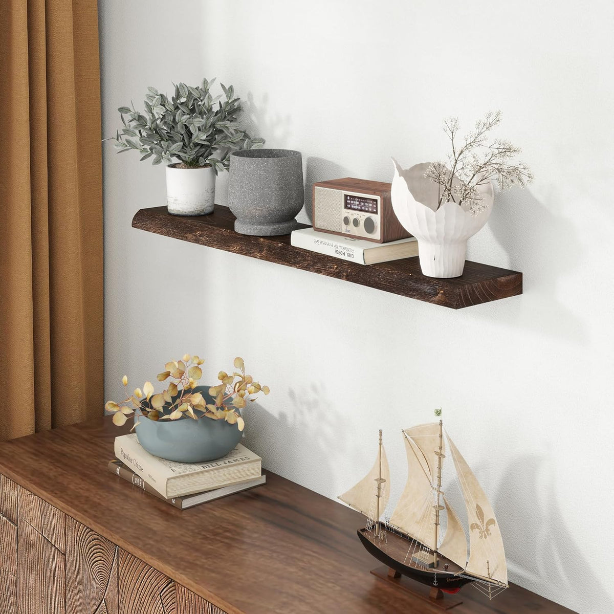 Fun Memories 40" Floating Shelves for Wall, Live Edge Solid Elm Wood Floating Shelf with Invisible