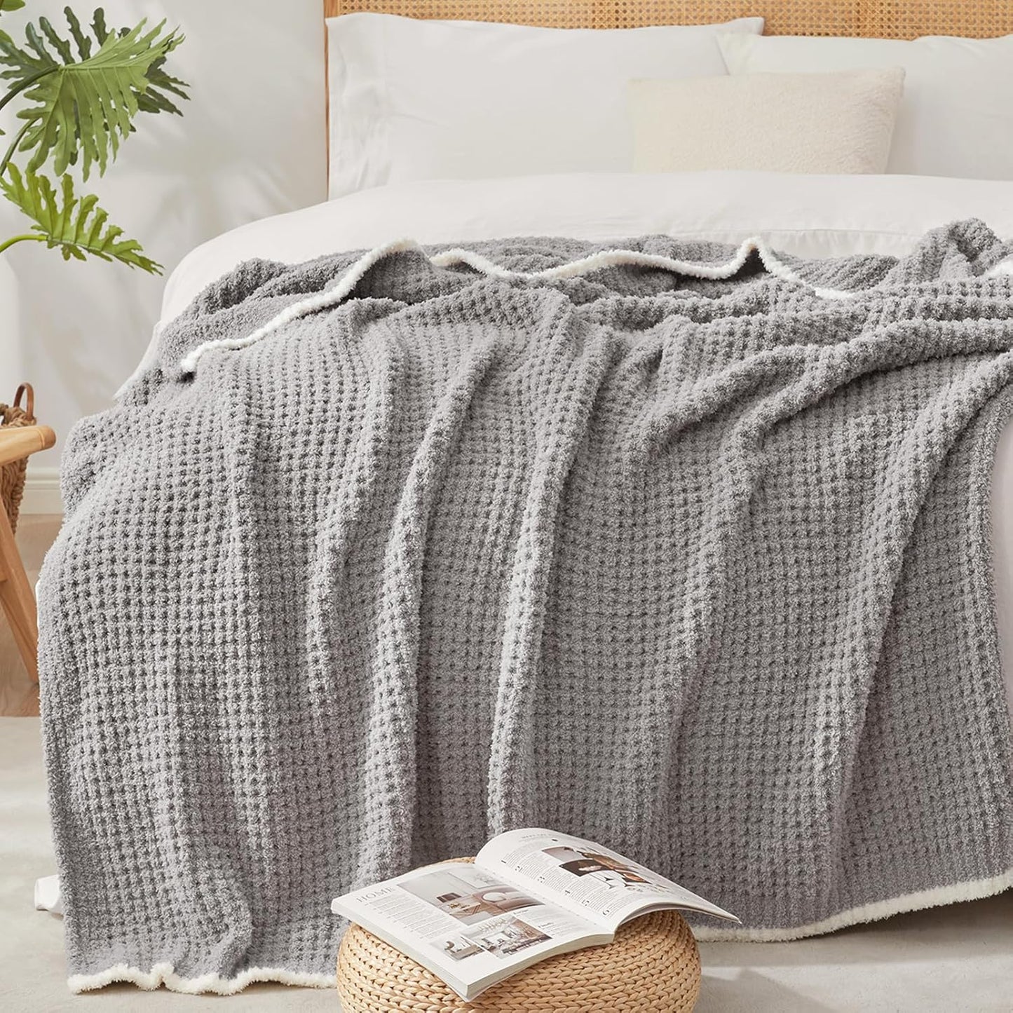 Snuggle Sac Grey Waffle Throw Blanket for Couch Bed Sofa 60x80 inches, Reversible Grey Blanket