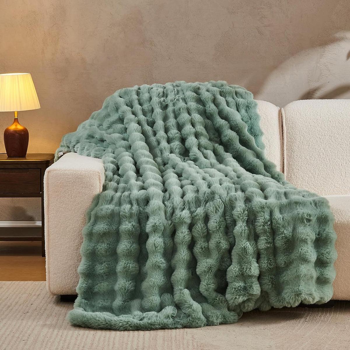 Lotus Karen Faux Fur Throw Blanket Sage Green - Big Bubble Rabbit Fluff Blanket for Couch Bed