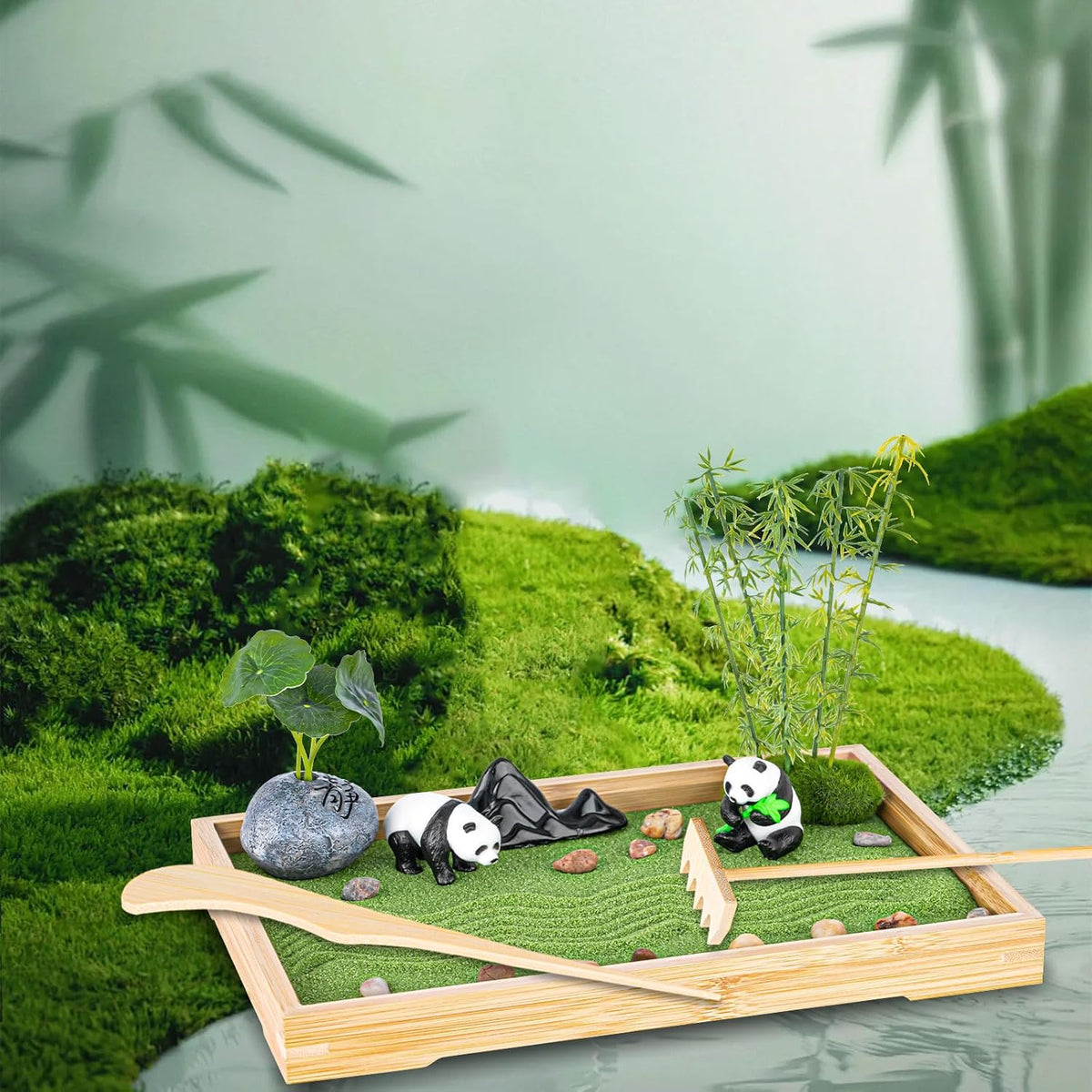 Zen Garden Kit for Desk 11''x7.5'' Room Decor with Green Sand, Panda Decorative Ornaments