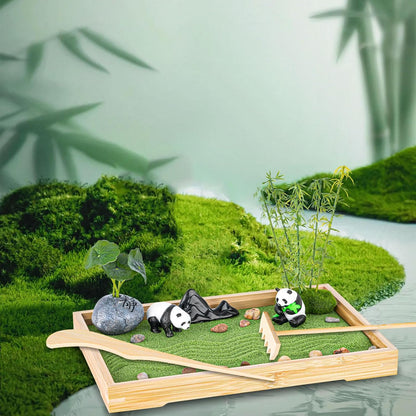 Zen Garden Kit for Desk 11''x7.5'' Room Decor with Green Sand, Panda Decorative Ornaments
