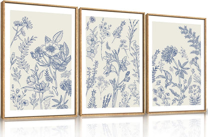 HPINUB Classic Chinoiserie Floral Framed Canvas Wall Art Set,Watercolor Blue and White Botanical