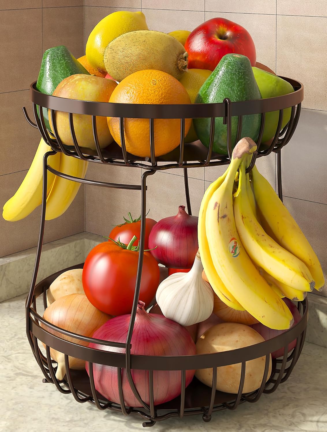 2 Tier Fruit Basket for Kitchen Counter with 2 Banana Hangers, Metal Stackable Fruit Bowl for