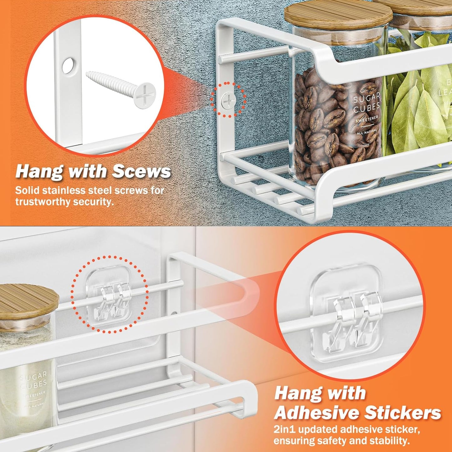 Spice Rack wall mounted 2 Pack, Space-Saving Spice Organizer for Spice Jars and Seasonings,Screw or
