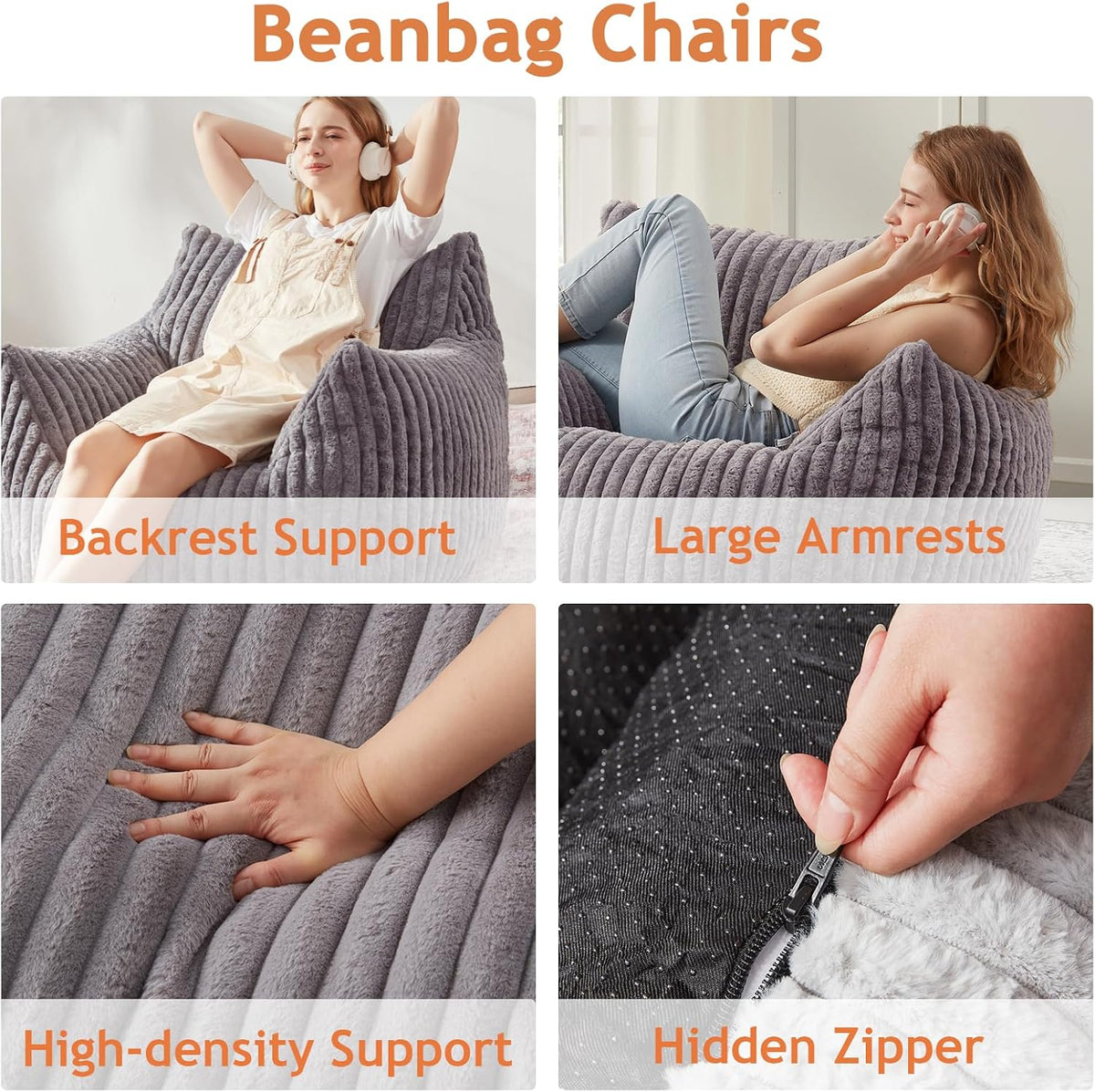 Giant Bean Bag Chairs for Adults with Filling Plush Fluffy Bean Bag Chairs for Teens with Armrests
