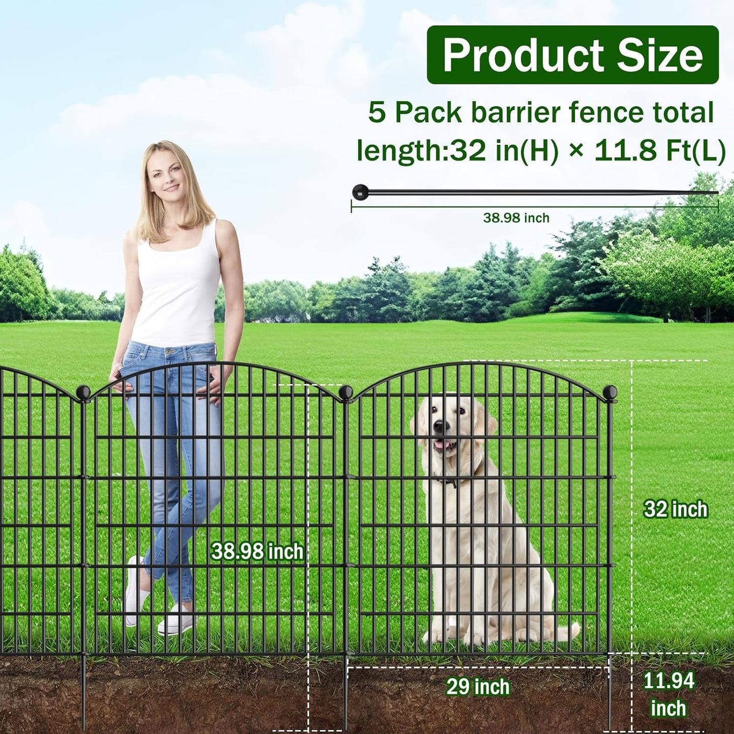 Decorative Garden Fence, 5 Panels - 32 in (H) x 11.8 ft (L) No Dig Dog Fence Outdoor for Yard