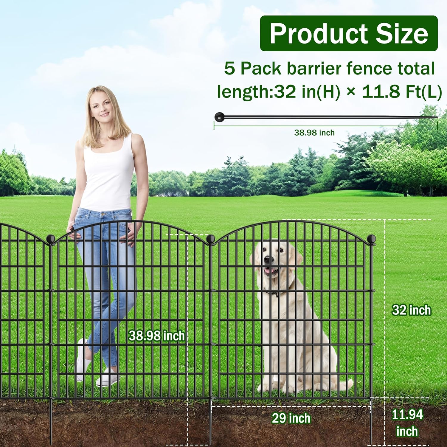 Decorative Garden Fence, 5 Panels - 32 in (H) x 11.8 ft (L) No Dig Dog Fence Outdoor for Yard