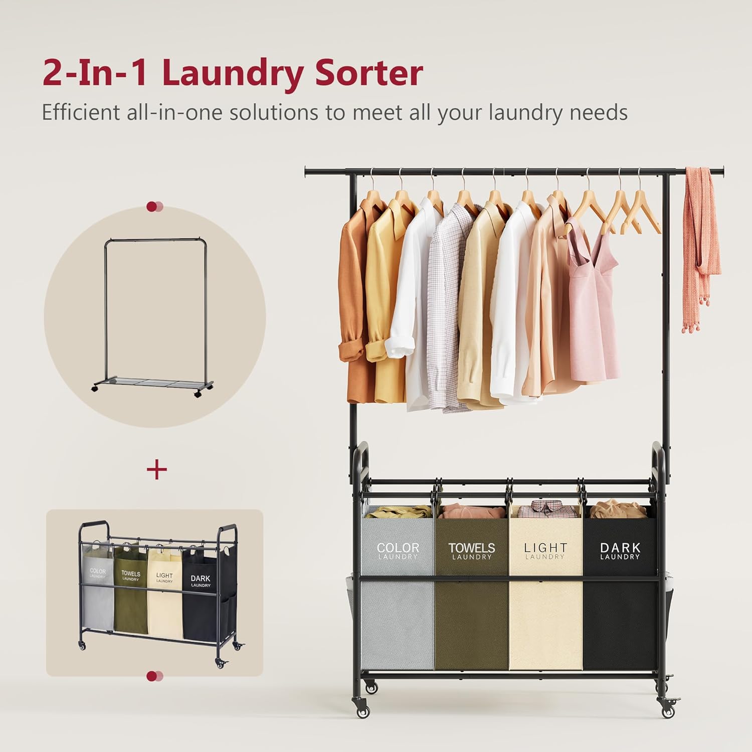 Tajsoon Laundry Sorter Cart with Hanging Clothes Rack, 4 Butler Sorter Basket Organizer, Laundry