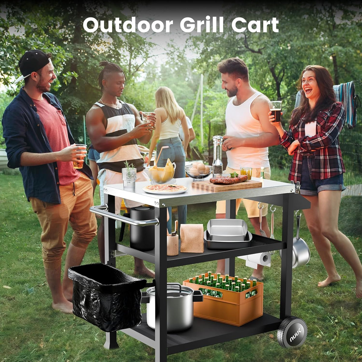 NUUK 3-Shelf Grill Cart with Stainless Steel Top – 20" x 32" Mobile Outdoor Kitchen Table for Pizza