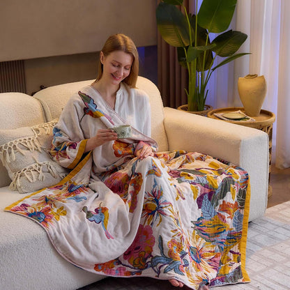Boho Throw Blanket, 100% Cotton Ultra Soft Luxury Throw Rustic Quilt, 50"x60" Floral Bird Butterfly