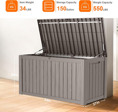 150 Gallon Resin Deck Box, Lockable Patio Outdoor Storage Box for Furniture, Garden Tools and Tools
