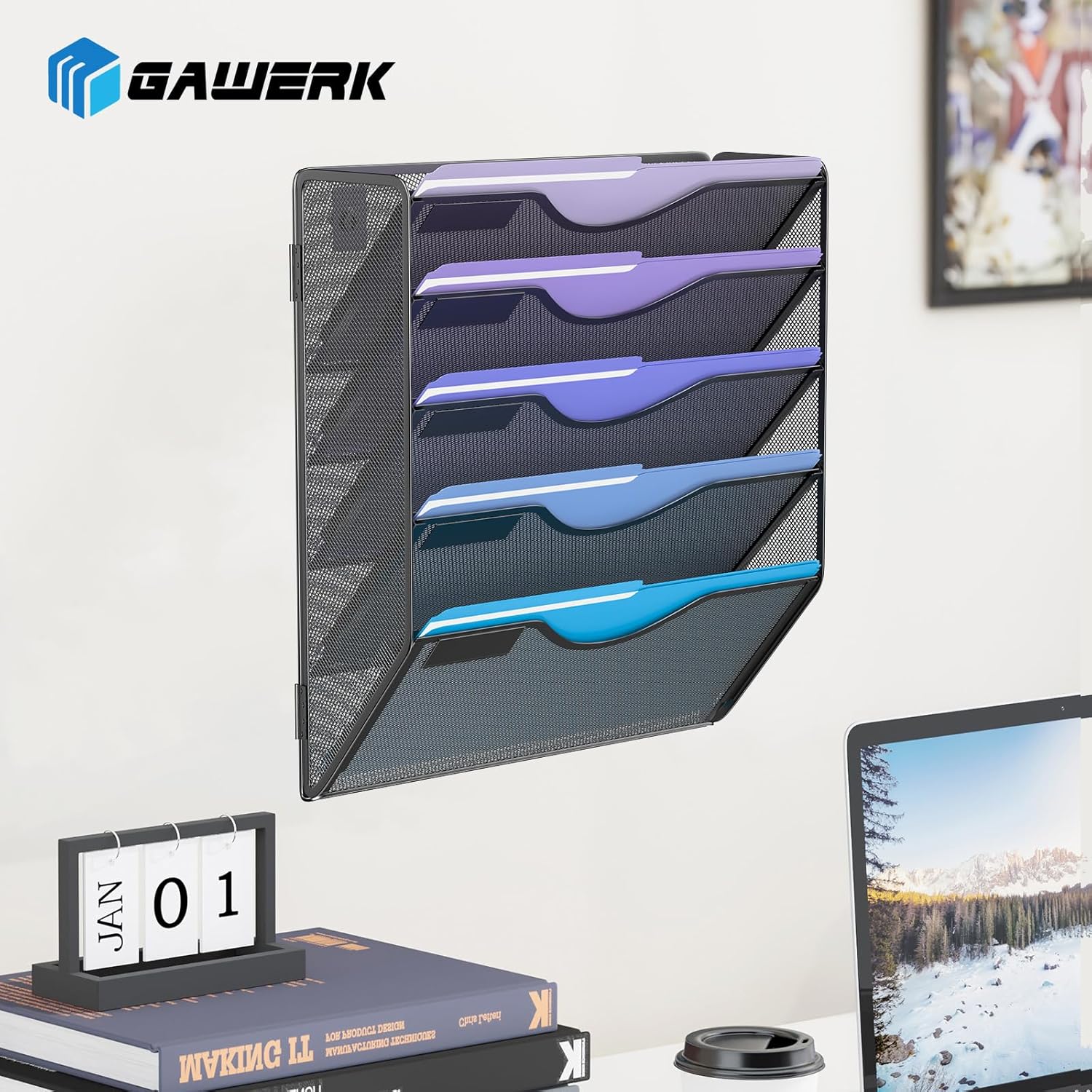 5 Tier Hanging Wall File Organizer, Mesh Mail Paper Orgnization Hanging File Folder Holder for Home