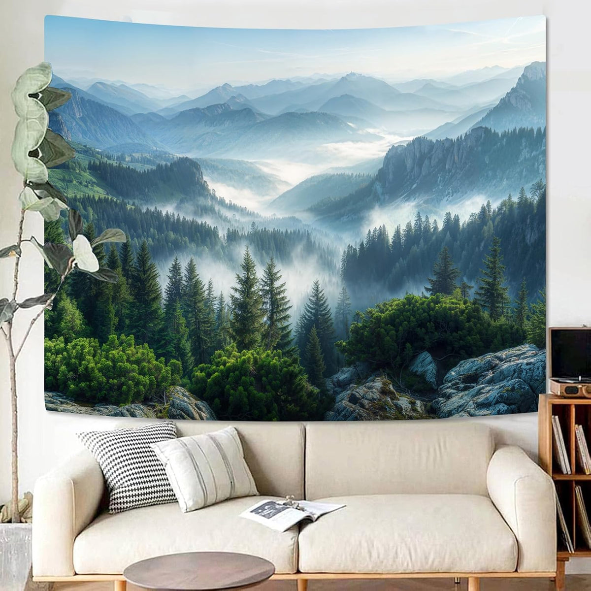 AMM Nature Forest Mountain Tapestry Green Misty Pine Tree Tapestry for Bedroom Aesthetic Foggy