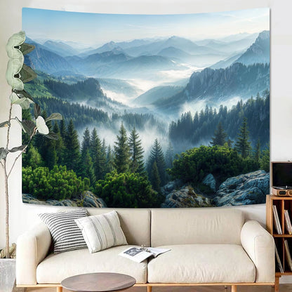 AMM Nature Forest Mountain Tapestry Green Misty Pine Tree Tapestry for Bedroom Aesthetic Foggy