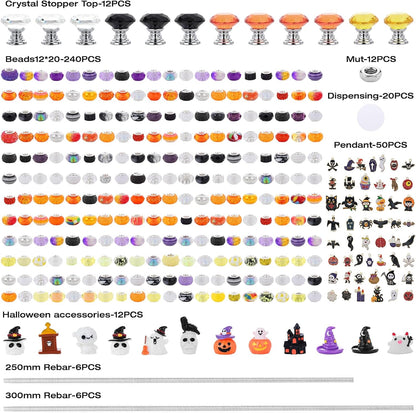 358PCS Halloween Beaded Garden Stakes, DIY Halloween Fairy Wand Garden Stake Decorative Kit with 12