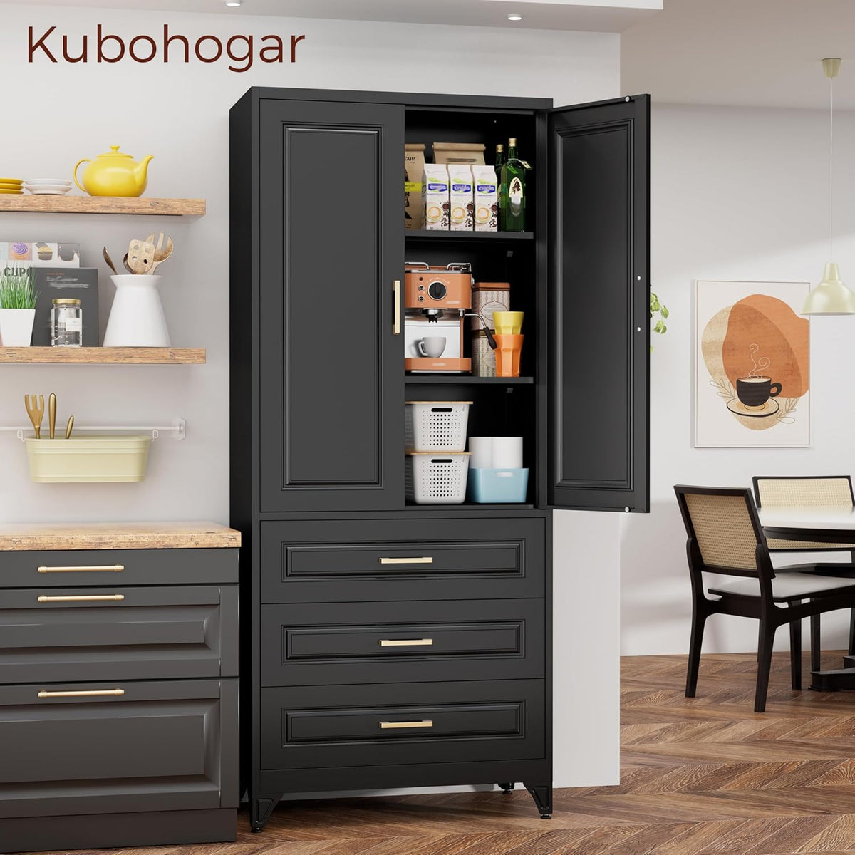 75" Kitchen Pantry Cabinet, Metal Storage Cabinets with Doors and Adjustable Shelves, Black Tall