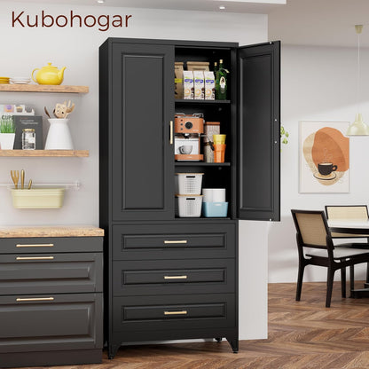 75" Kitchen Pantry Cabinet, Metal Storage Cabinets with Doors and Adjustable Shelves, Black Tall