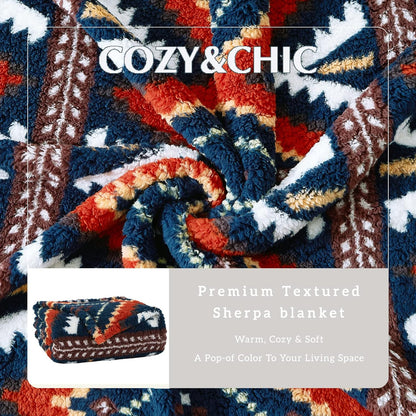 CASAAGUSTO Boho Sherpa Throw Blanket, Aztec Throw, Ultra Soft, Warm, Cozy, Plush, Thick Fleece