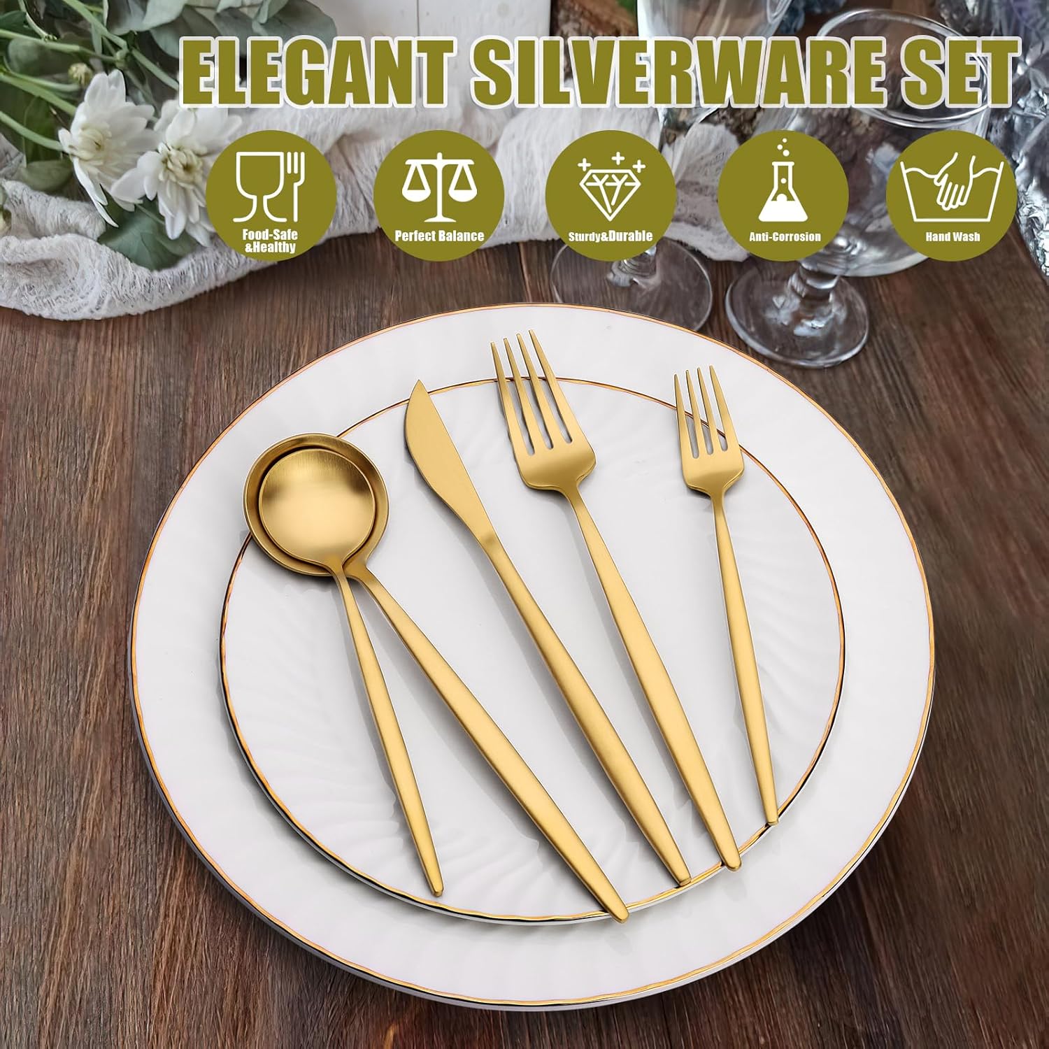 40 Piece Gold Silverware Set for 8, Terlulu Stainless Steel Flatware Set, Gold Cutlery Set Utensils