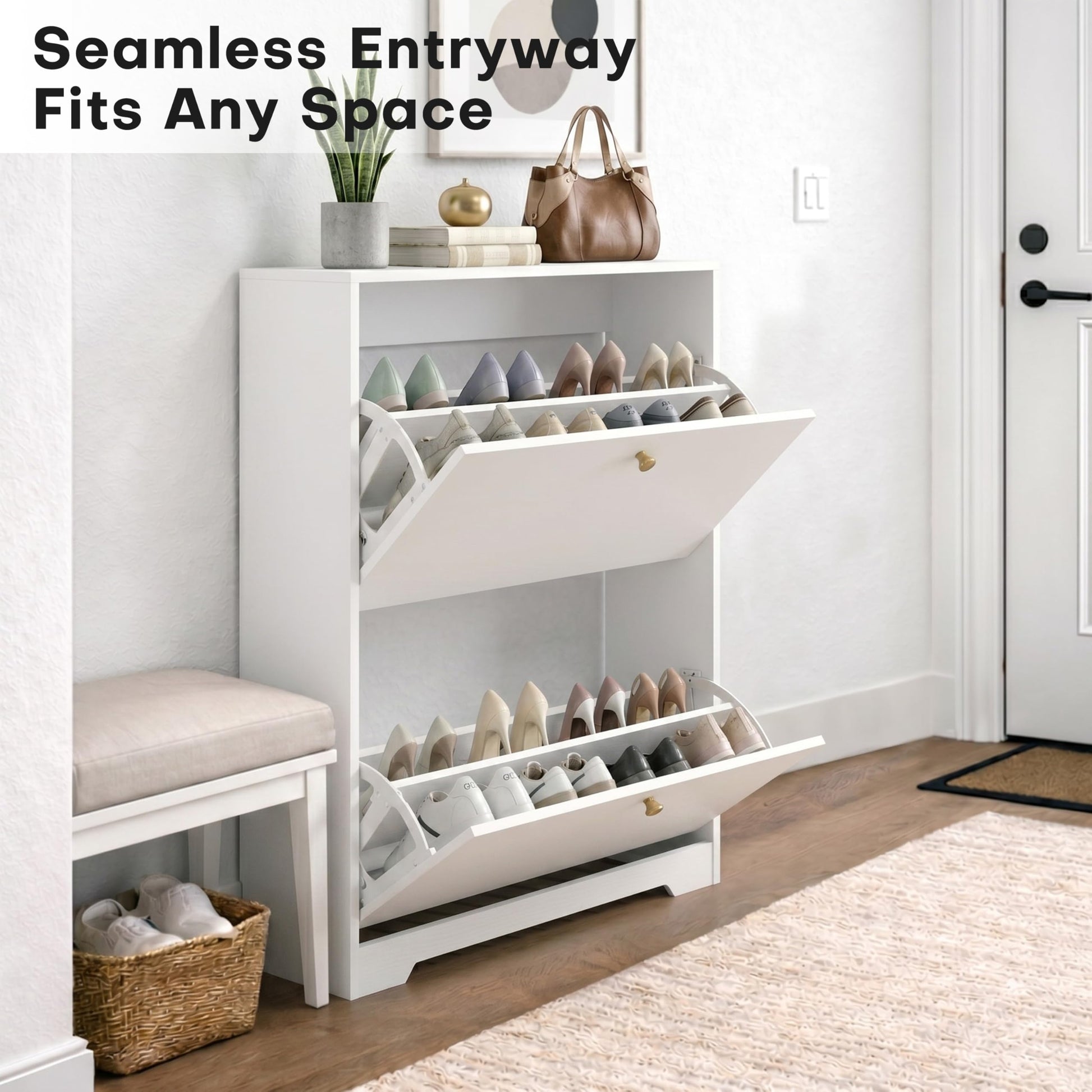 Nicetree Shoe Cabinet with 2 Flip Drawers, Modern Entryway Organizer, White