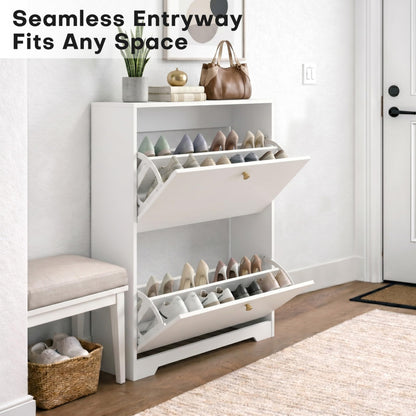 Nicetree Shoe Cabinet with 2 Flip Drawers, Modern Entryway Organizer, White