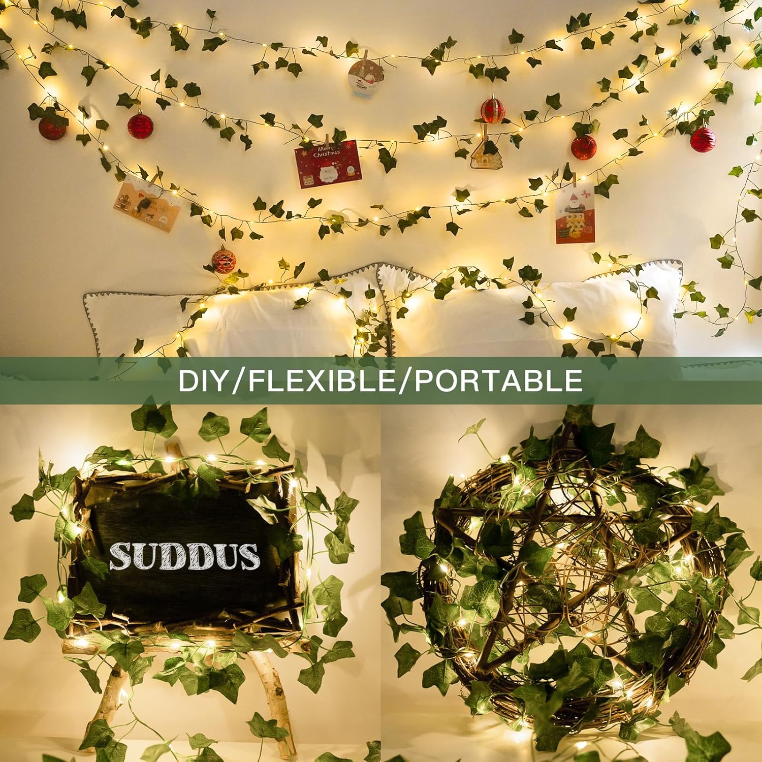 suddus Vine with Fairy Lights Battery Operated, 33ft 100 LED Ivy String Lights with Remote, Leaf