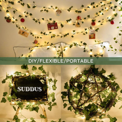 suddus Vine with Fairy Lights Battery Operated, 33ft 100 LED Ivy String Lights with Remote, Leaf