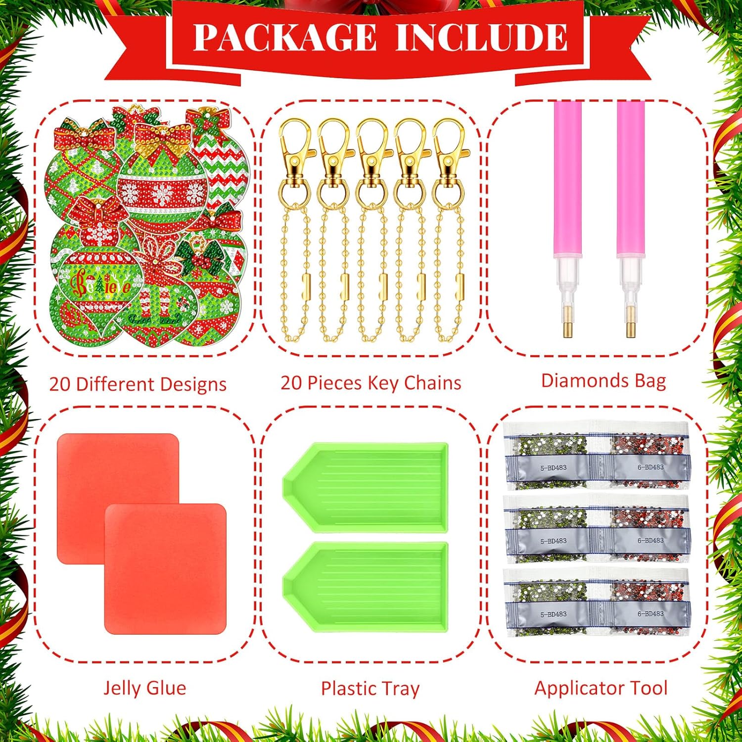 Tondiamo 20 Pcs Christmas Diamond Painting Keychain Kits 5D DIY Diamond Art Pendants Double Sided