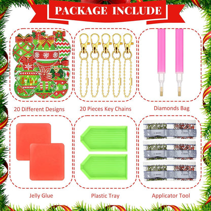 Tondiamo 20 Pcs Christmas Diamond Painting Keychain Kits 5D DIY Diamond Art Pendants Double Sided