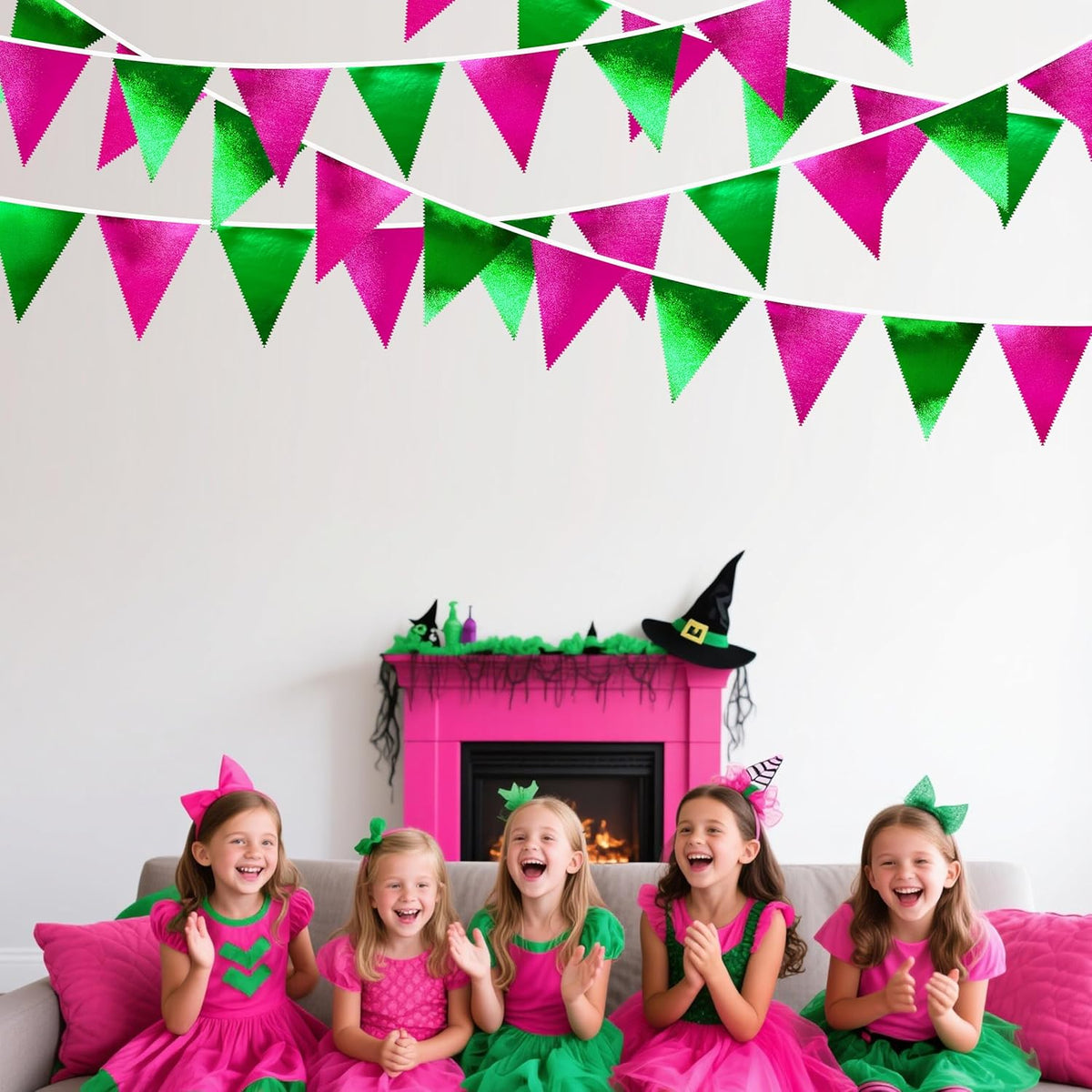 Pink and Green Party Decorations Metallic Hot Pink Light Green Fabric Triangle Pennant Banner Flag