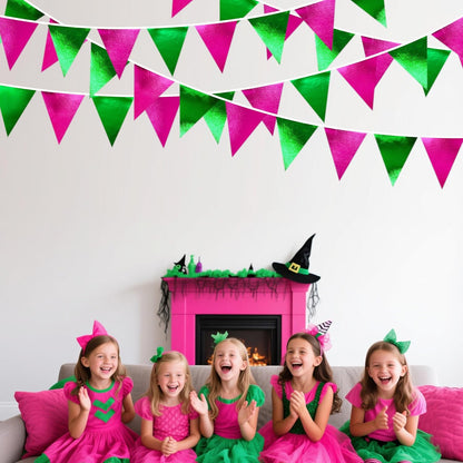 Pink and Green Party Decorations Metallic Hot Pink Light Green Fabric Triangle Pennant Banner Flag