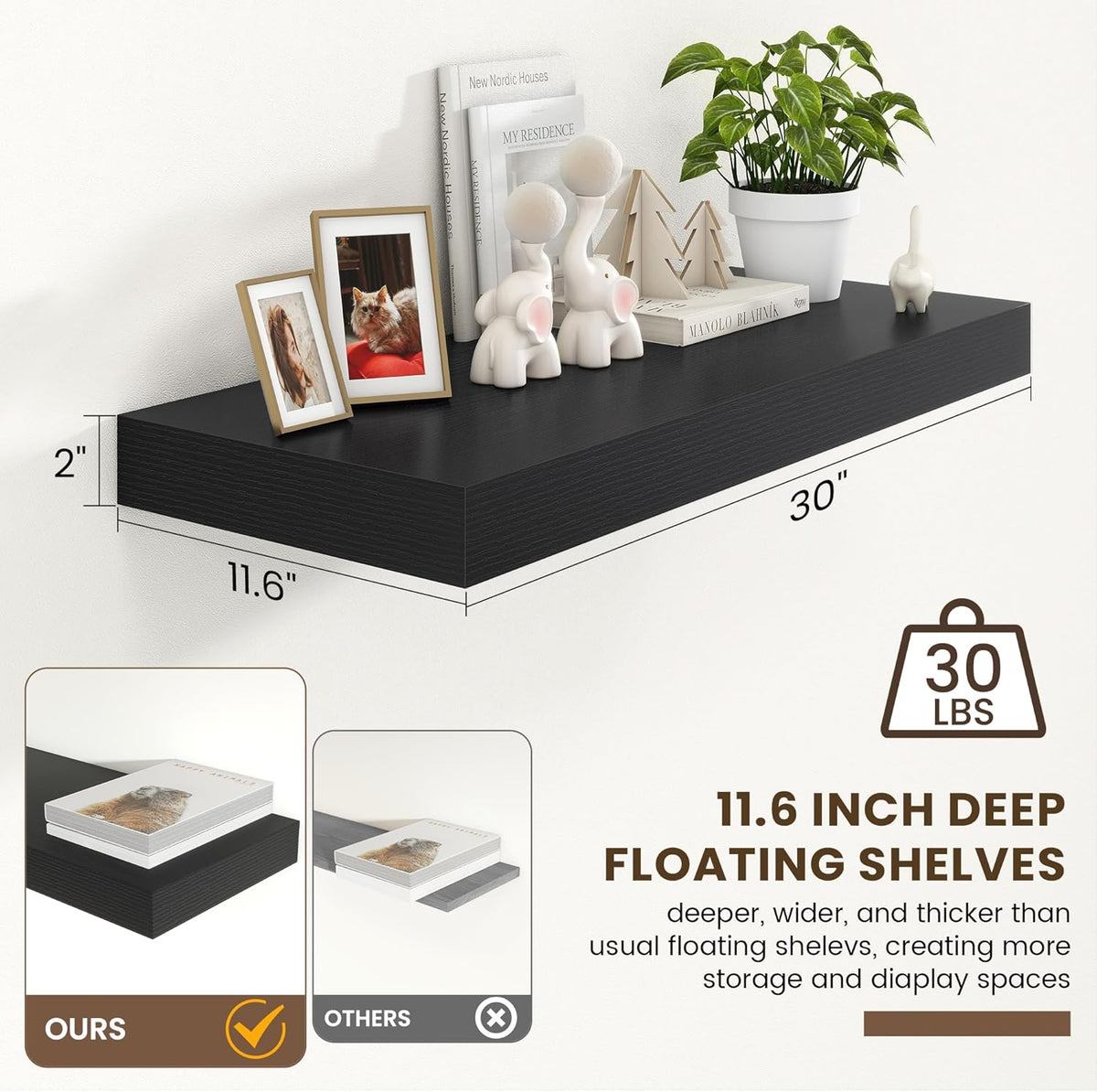 Deep Floating Shelves for Wall | 30 Inch Wide x 12 Inch Black Deep Floating Shelves | 30W x 12D