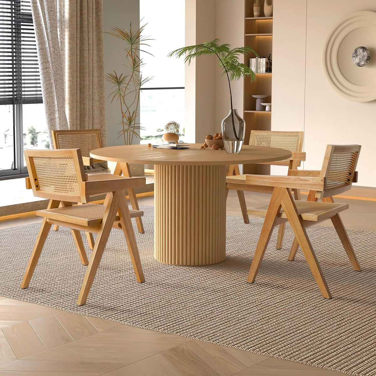 Rattan Dining Chairs Set of 2, Wooden Armchair Cane Kitchen Chairs with Arms, Light Walnut Color