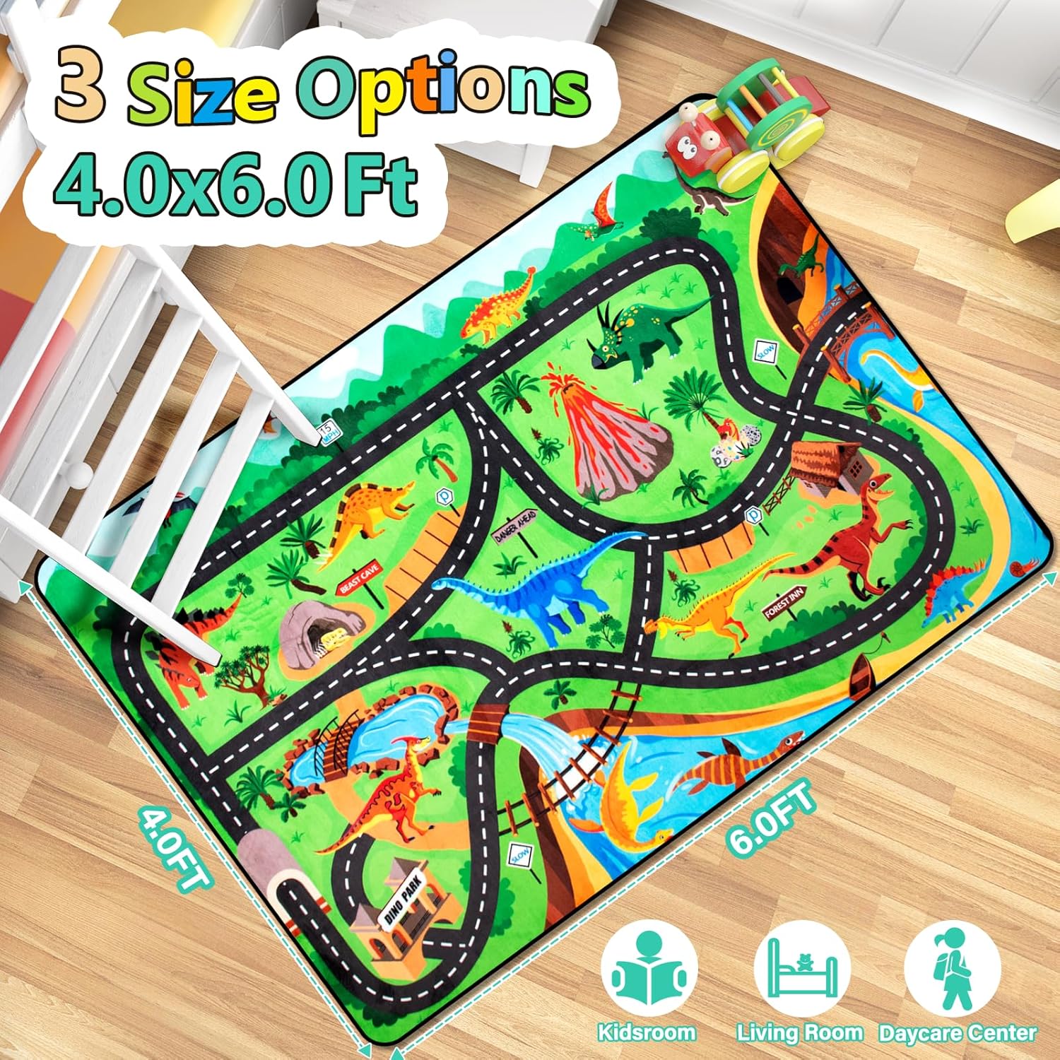 Kids Rug, Car Carpet for Kids' Toy Cars, 4x6 Ft Dinosaur Rug, Dino Safari Road Mat for Playroom